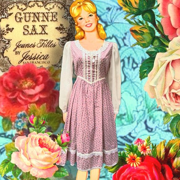 Vintage 1970s Gunne Sax Jeunes Filles by Jessica Pink Prairie Dress Floral Sz 12 - Picture 1 of 16